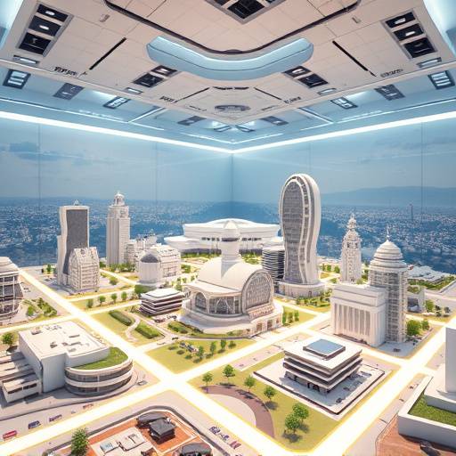 A showcase of virtual real estate properties within the metaverse, displaying land plots and structures.