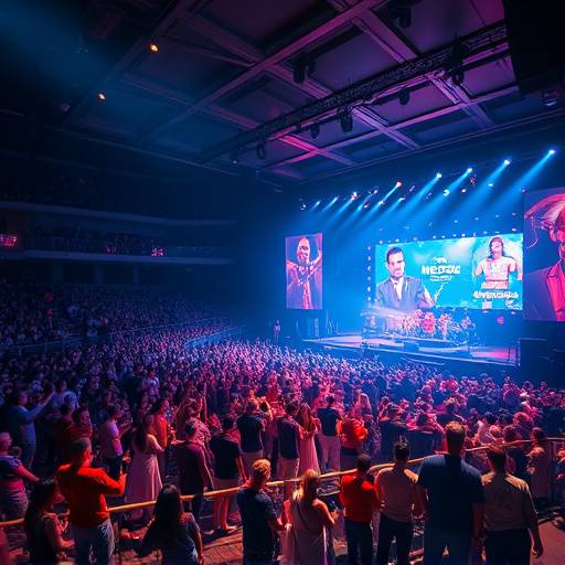 A virtual concert with a large audience in a beautifully rendered metaverse venue.