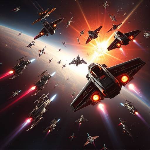 Image of a space battle scene from Stellar Voyagers, showing various spaceships engaged in combat.